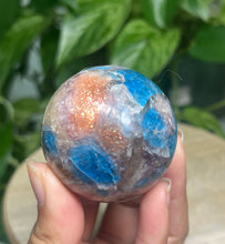 Load image into Gallery viewer, Blue Apatite x Lepidolite x Sunstone Mix Sphere— Stones of Balance, Joy &amp; Inspiration
