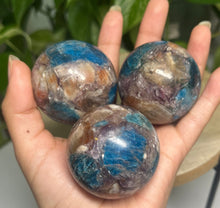 Load image into Gallery viewer, Blue Apatite x Lepidolite x Sunstone Mix Sphere— Stones of Balance, Joy &amp; Inspiration
